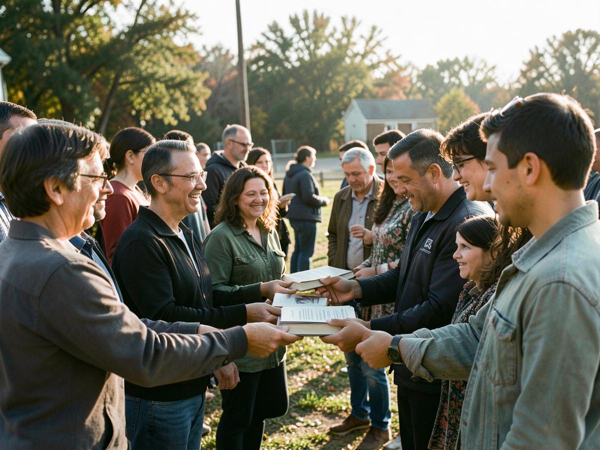 Volunteers handing out Bibles at an outdoor gathering