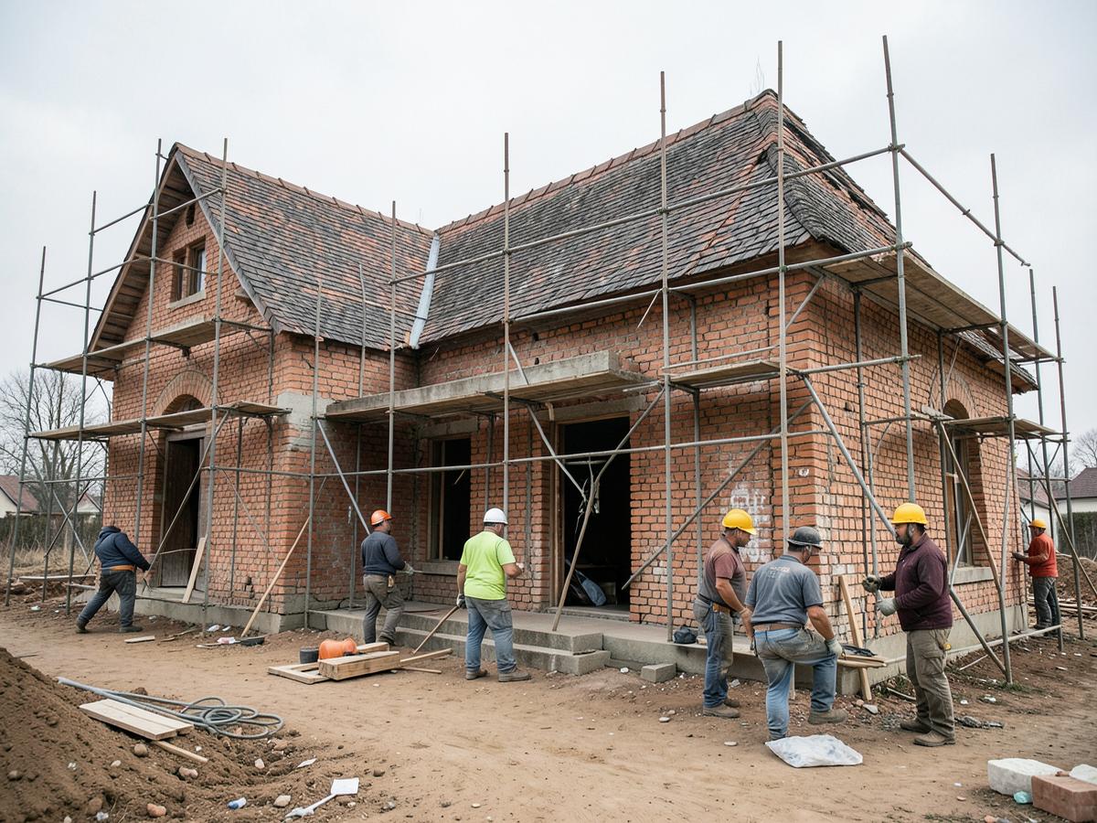 Builders at work on a community church building