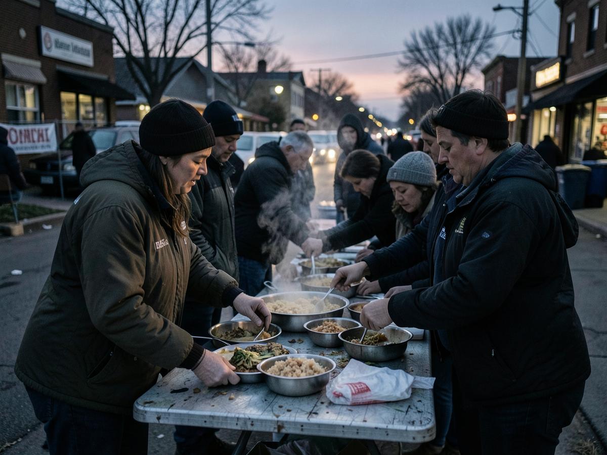 Volunteers serving hot meals at a street food bank