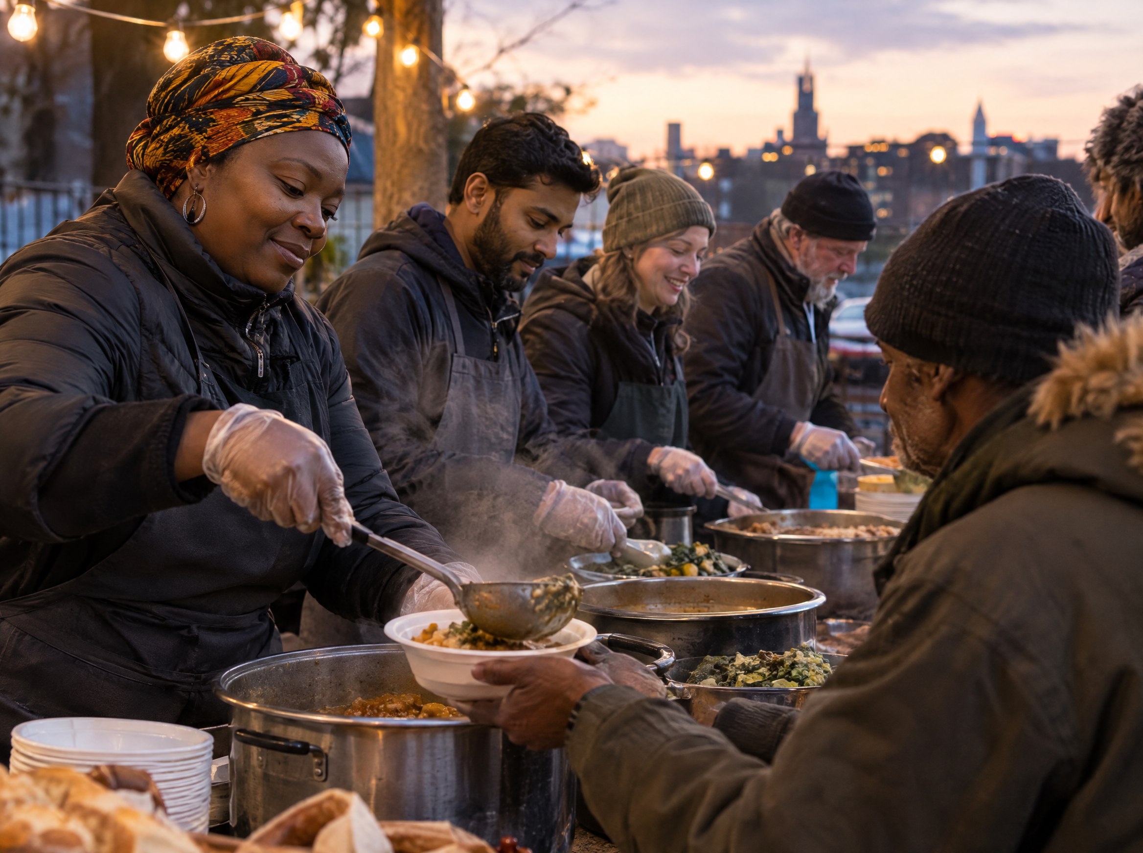 Volunteers serving hot meals at a street food bank